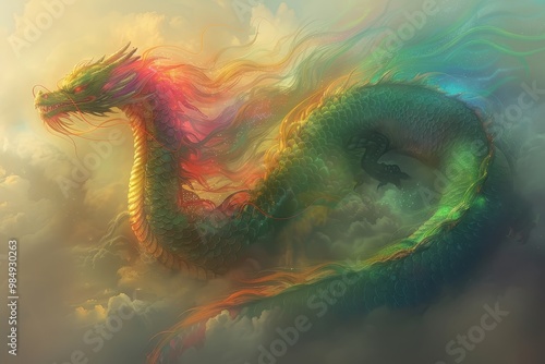 A colorful dragon with a long tail and a green body photo