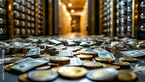 abundant cash strewn across a bank vault floor symbolizing wealth and security in a financial setting photo