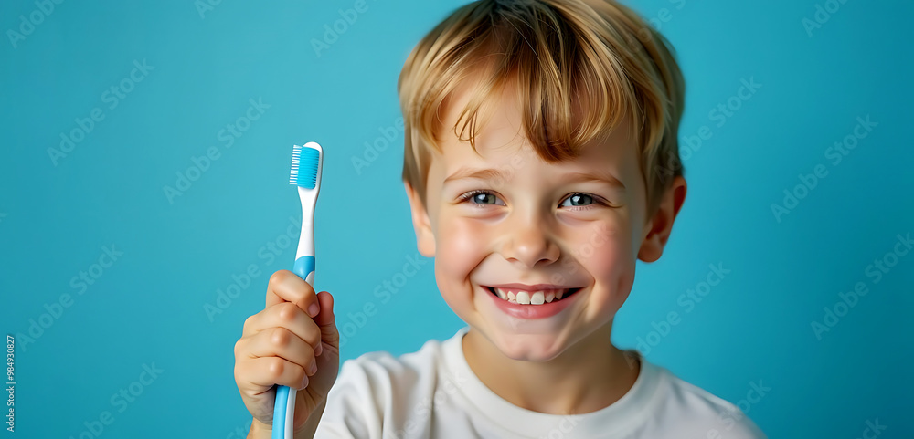 Portrait of happy smiling boy holding toothbrush on blue background, studio shot Portrait of happy smiling boy holding toothbrush on blue background, studio shot