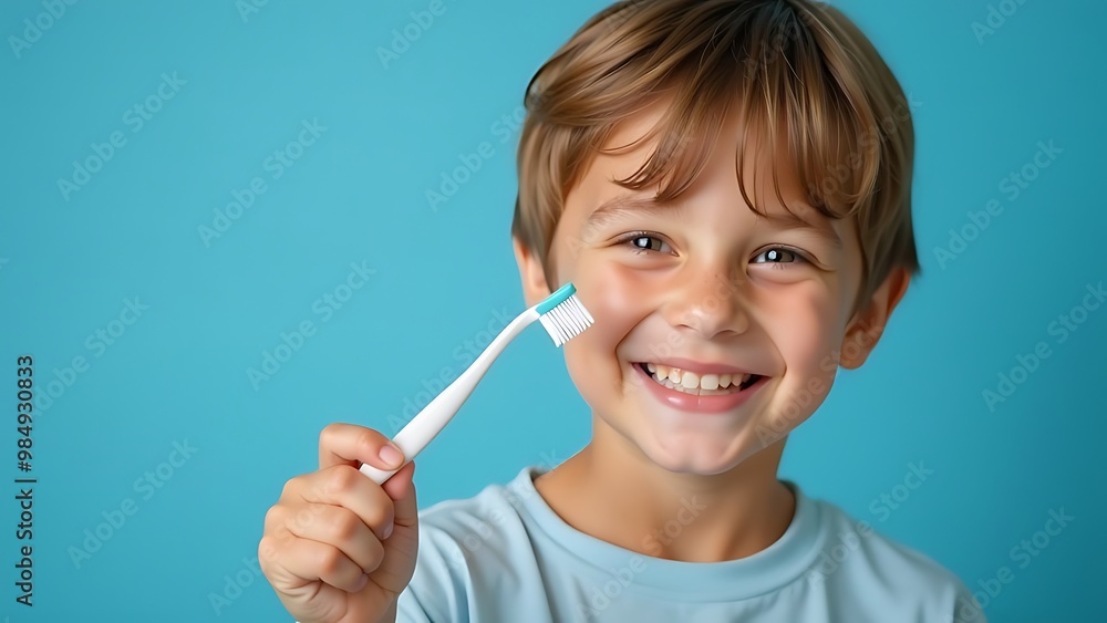 Portrait of a happy smiling boy holding a toothbrush on a blue background, studio shot of a cute child. Banner Portrait of a happy smiling boy holding a toothbrush on a blue background, studio shot of a cute child. Banner