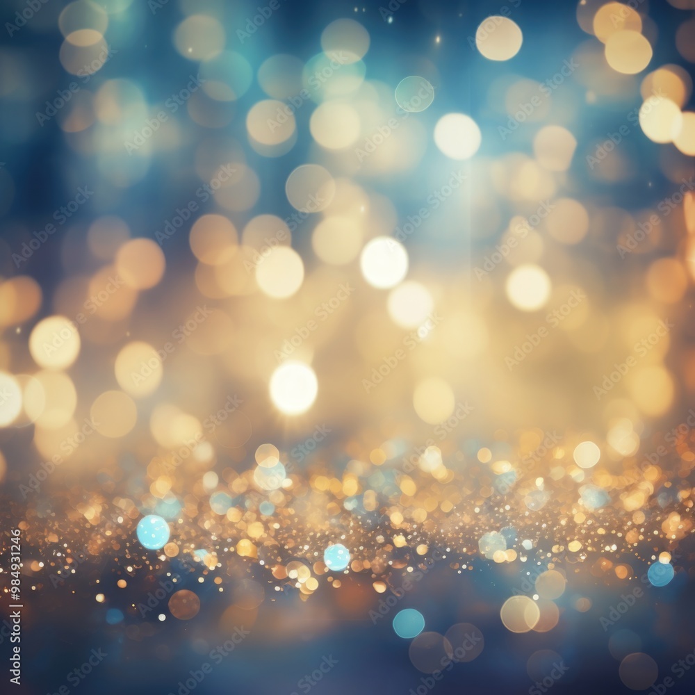 Sparkling glittering blue and gold bokeh lights background. Concept for Christmas holiday, celebration, New Year's Eve Sparkling glittering blue and gold bokeh lights background. Concept for Christmas holiday, celebration, New Year's Eve
