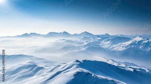 Beautiful landscape of snow-capped mountains. Panoramic view of mountainous area with peaks. Illustration for cover, card, postcard, interior design, banner, poster, brochure or presentation.