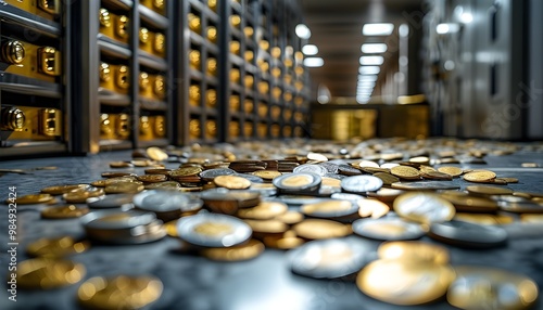 abundant cash strewn across a bank vault floor symbolizing wealth and security in a financial setting photo