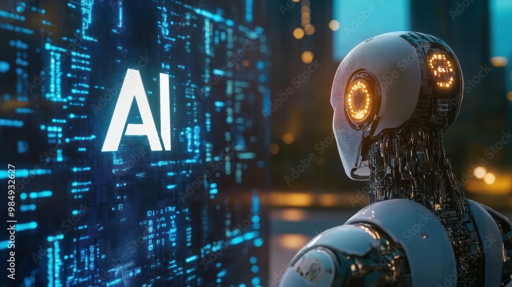 A humanoid robot standing before a large screen displaying the word A humanoid robot standing before a large screen displaying the word
