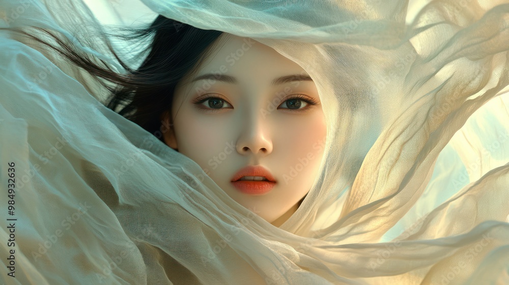 Close-up of a Woman's Face Partially Covered by Sheer Fabric Close-up of a Woman's Face Partially Covered by Sheer Fabric