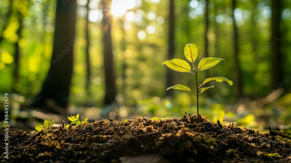 A Single Sapling Growing in a Sun-Dappled Forest A Single Sapling Growing in a Sun-Dappled Forest