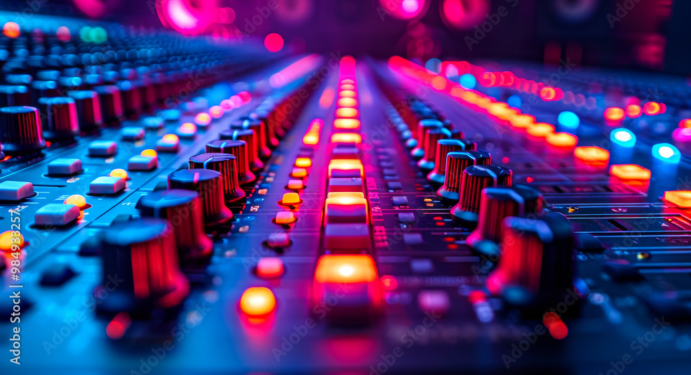 A close up of a sound board with many knobs and buttons. The knobs are lit up in different colors, giving the impression of a colorful and vibrant sound board. Scene is energetic and lively A close up of a sound board with many knobs and buttons. The knobs are lit up in different colors, giving the impression of a colorful and vibrant sound board. Scene is energetic and lively