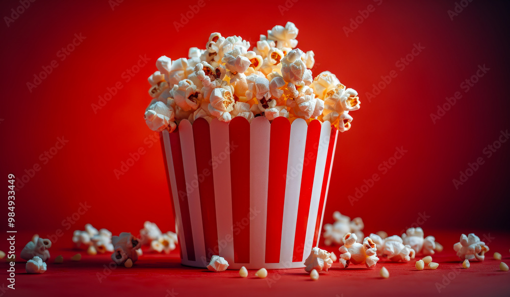 A red and white popcorn bucket is filled with popcorn. The popcorn is scattered all over the red background A red and white popcorn bucket is filled with popcorn. The popcorn is scattered all over the red background