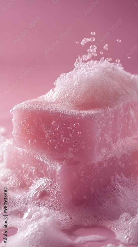 Fototapeta premium A pink handmade soap with foam under natural lighting. Luxurious pink soap with plenty of foam.