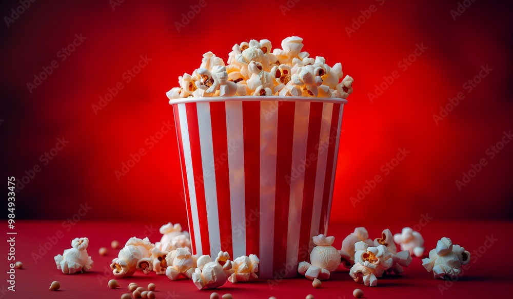 A red and white popcorn bucket filled with popcorn. The popcorn is scattered around the bucket, with some pieces falling out of the container. Concept of fun and relaxation A red and white popcorn bucket filled with popcorn. The popcorn is scattered around the bucket, with some pieces falling out of the container. Concept of fun and relaxation