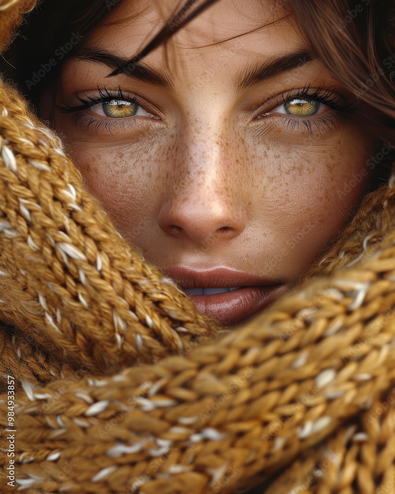 Smiling girl with dark brown eyes in oversized tan Irish wool sweater enjoying outdoors in Ireland Smiling girl with dark brown eyes in oversized tan Irish wool sweater enjoying outdoors in Ireland