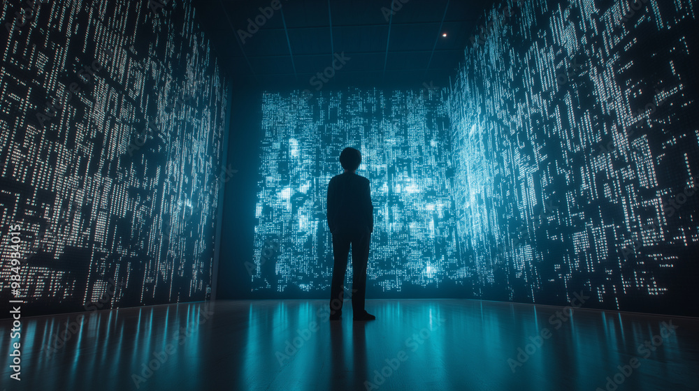 Fototapeta premium Binary numbers matrix on walls in cyberspace