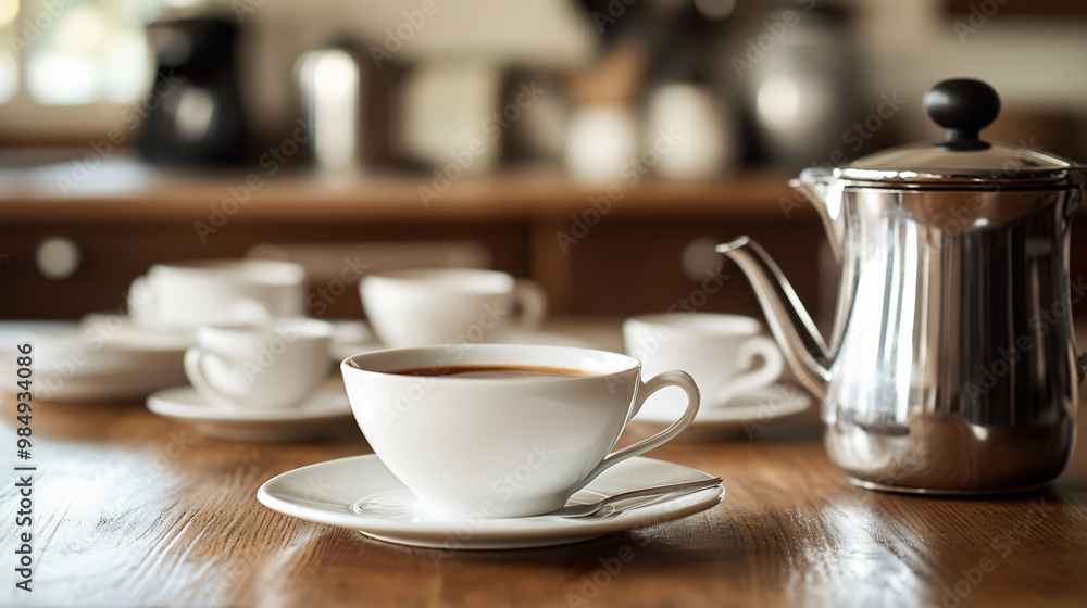 Fototapeta premium A freshly brewed pot of coffee with a matching set of cups and saucers on a wooden kitchen table.