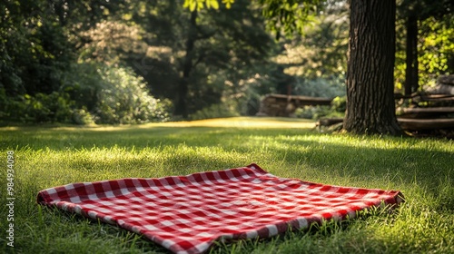 A red and white checkered picnic blanket is spread on lush green grass in a sunlit park with trees, evoking a serene, leisurely atmosphere. Perfect for outdoor and lifestyle themes. AI generation