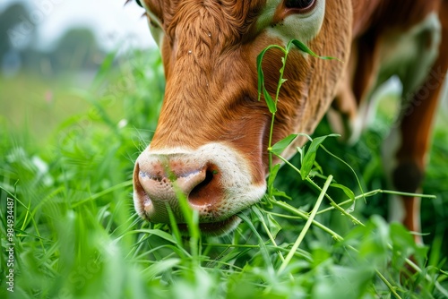 Brown cow grazing on fresh green grass in a lush pasture during a sunny day in the countryside. Close-up