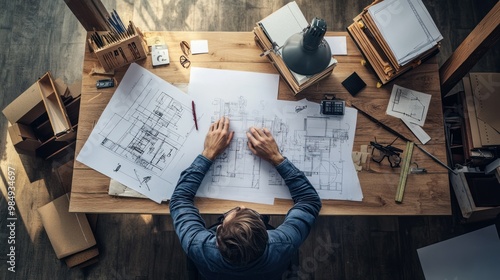 Architect Working on House Plans at a Desk