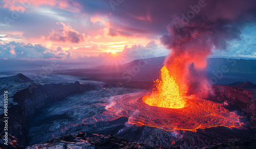 A volcano erupts with lava and smoke, creating a fiery and dramatic scene. The sky above is filled with clouds, adding to the intensity of the moment. The lava flows down the side of the volcano