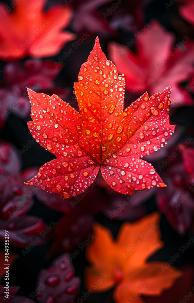 A single red leaf with raindrops on it is surrounded by other red leaves. Concept of tranquility and beauty, as the raindrops on the leaf create a serene atmosphere A single red leaf with raindrops on it is surrounded by other red leaves. Concept of tranquility and beauty, as the raindrops on the leaf create a serene atmosphere