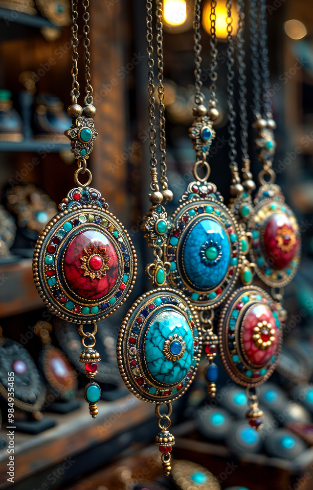 A row of necklaces with colorful stones hanging from a chain. The necklaces are of different sizes and colors, and they are displayed on a table. The display creates a sense of variety and diversity A row of necklaces with colorful stones hanging from a chain. The necklaces are of different sizes and colors, and they are displayed on a table. The display creates a sense of variety and diversity