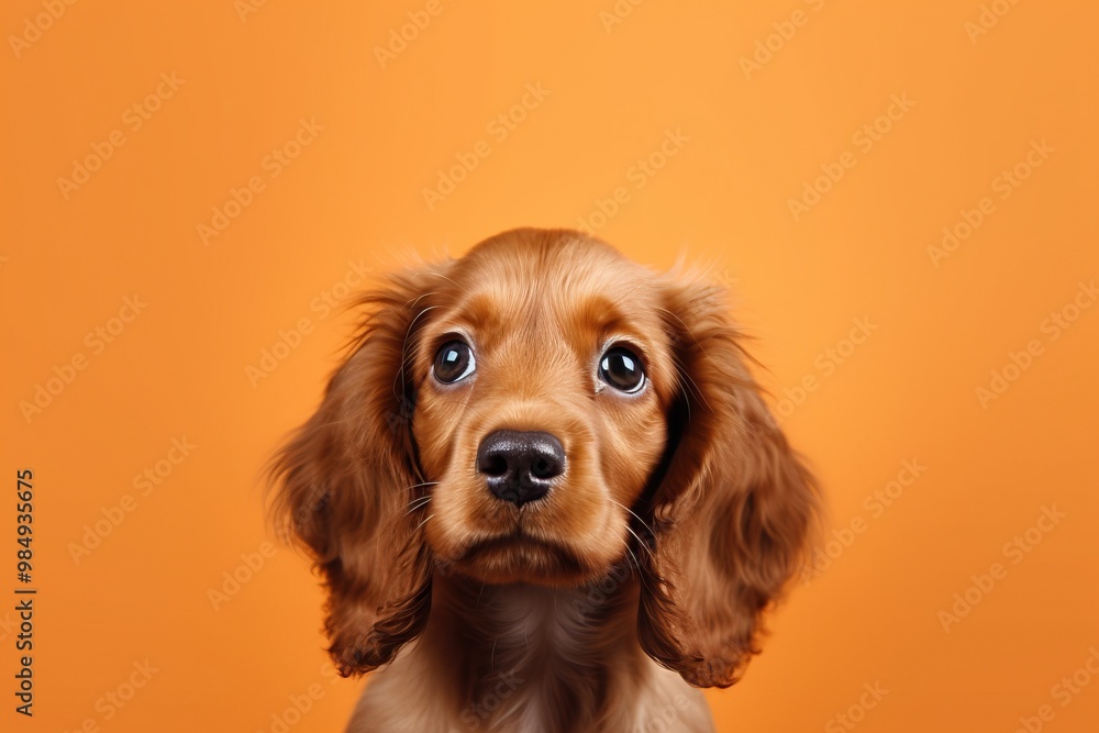 Cute spaniel puppy on orange background with copy space Cute spaniel puppy on orange background with copy space