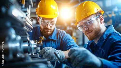 Two men wearing yellow hard hats and safety glasses are working on a machine