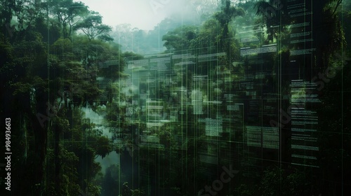Photograph of a lush green forest landscape with a carbon credit certificate layer over it representing environmental conservation and sustainability initiatives