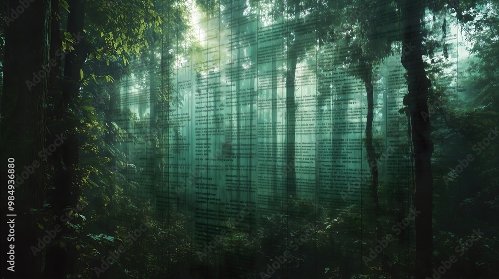 Photograph of a lush green forest landscape with a carbon credit certificate layer over it representing environmental conservation and sustainability initiatives Photograph of a lush green forest landscape with a carbon credit certificate layer over it representing environmental conservation and sustainability initiatives