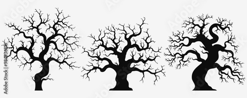 Black silhouette of scary trees without foliage. Hand drawn vector illustration