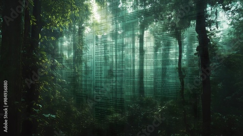 Photograph of a lush green forest landscape with a carbon credit certificate layer over it representing environmental conservation and sustainability initiatives