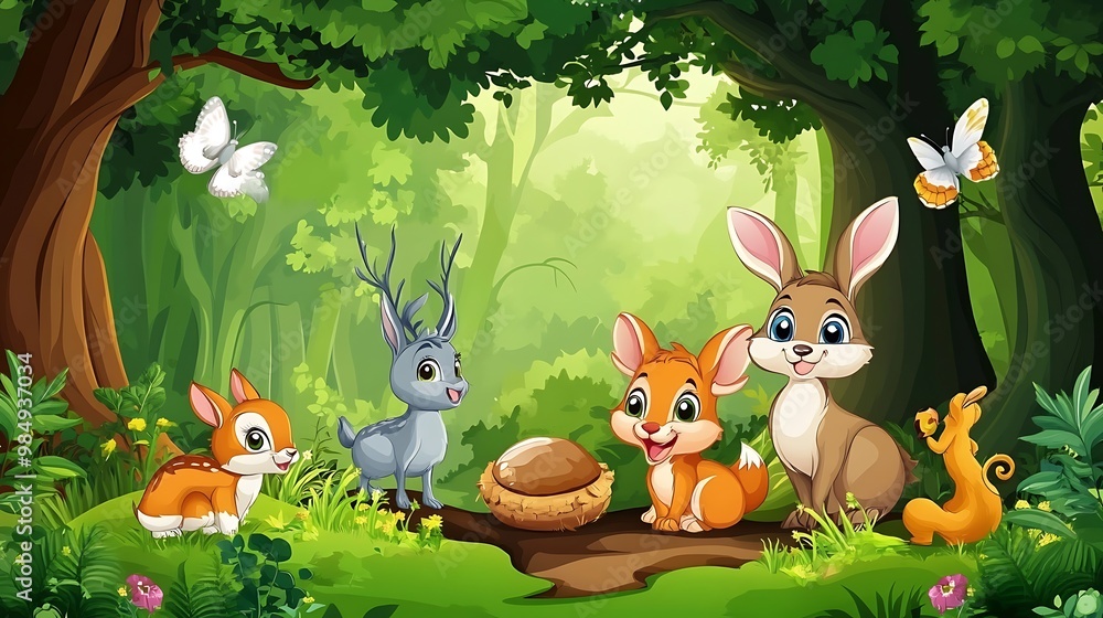 Naklejka premium Cute cartoon animals in a forest setting with butterflies, children's book illustration