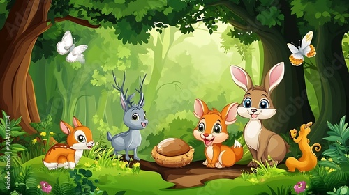 Cute cartoon animals in a forest setting with butterflies, children's book illustration