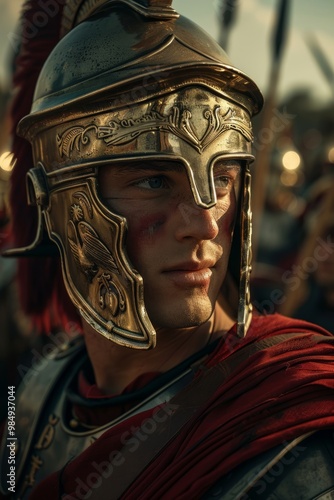 A Roman soldier prepares for battle, showcasing his impressive armor