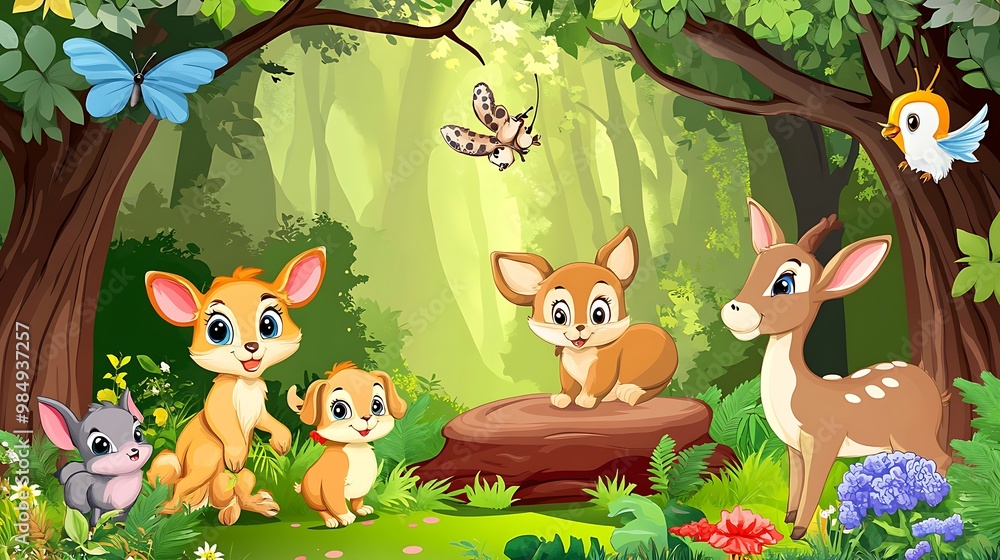Naklejka premium Cute cartoon animals in a magical forest with butterflies and birds