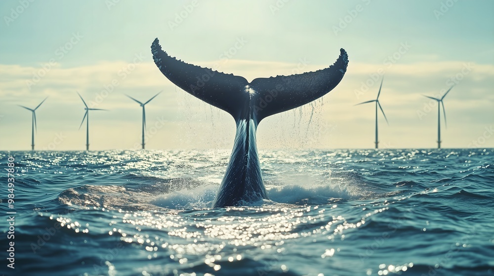 Fototapeta premium whale tail emerges gracefully from the ocean waters, with wind turbines visible in the background, symbolizing the balance between marine ecosystems and renewable energy