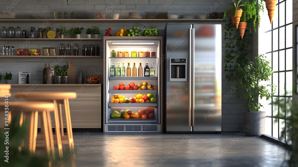 Fridge rendering highlighting arranged discount savings concept image Fridge rendering highlighting arranged discount savings concept image