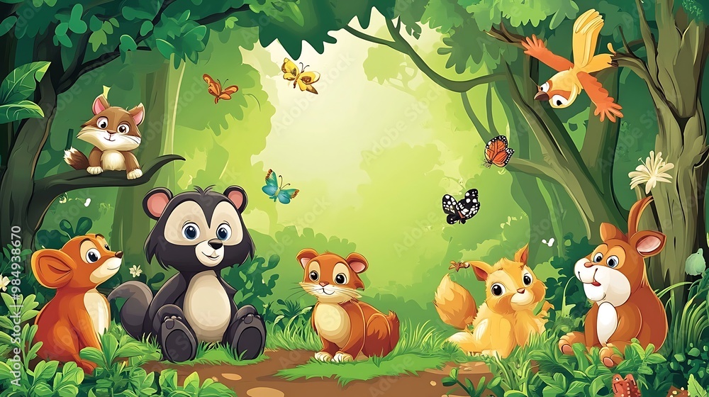 Naklejka premium Cute cartoon forest animals in a magical woodland setting