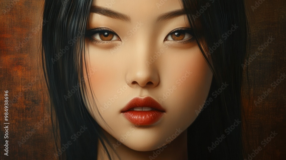 Close-up Portrait of a Woman with Long Black Hair and Red Lips Close-up Portrait of a Woman with Long Black Hair and Red Lips