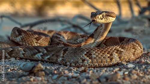 A rattlesnake coiled in the desert, its rattle raised as it prepares to strike