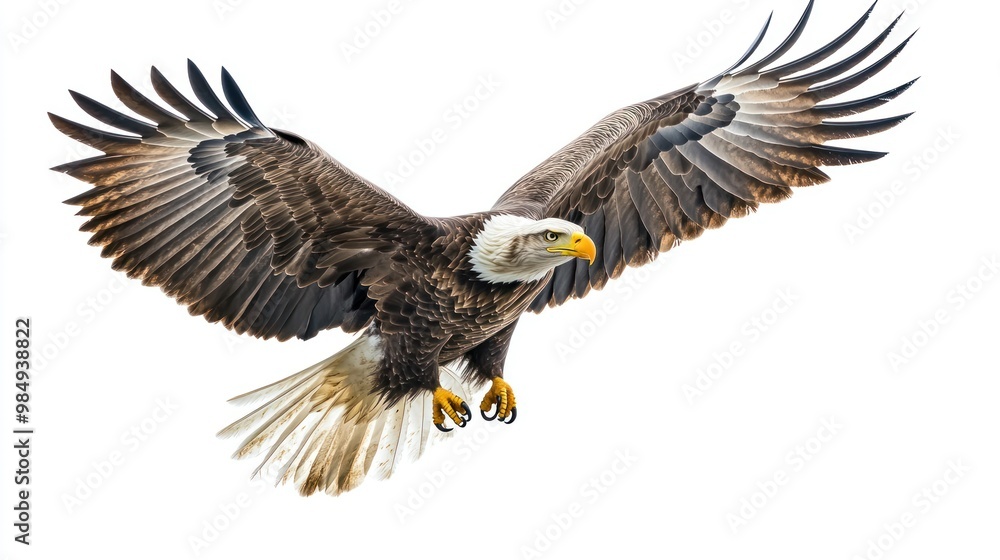 Fototapeta premium Bald Eagle in Flight with Wings Spread Wide Against a White Background