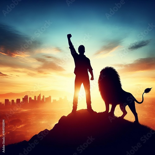 A powerful silhouette of a man standing triumphantly with a lion against a stunning sunset cityscape. This inspiring image symbolizes strength, courage, and leadership, perfect for motivational themes photo