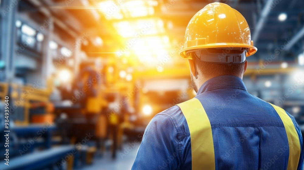 A man in a yellow helmet and safety vest stands in a factory A man in a yellow helmet and safety vest stands in a factory