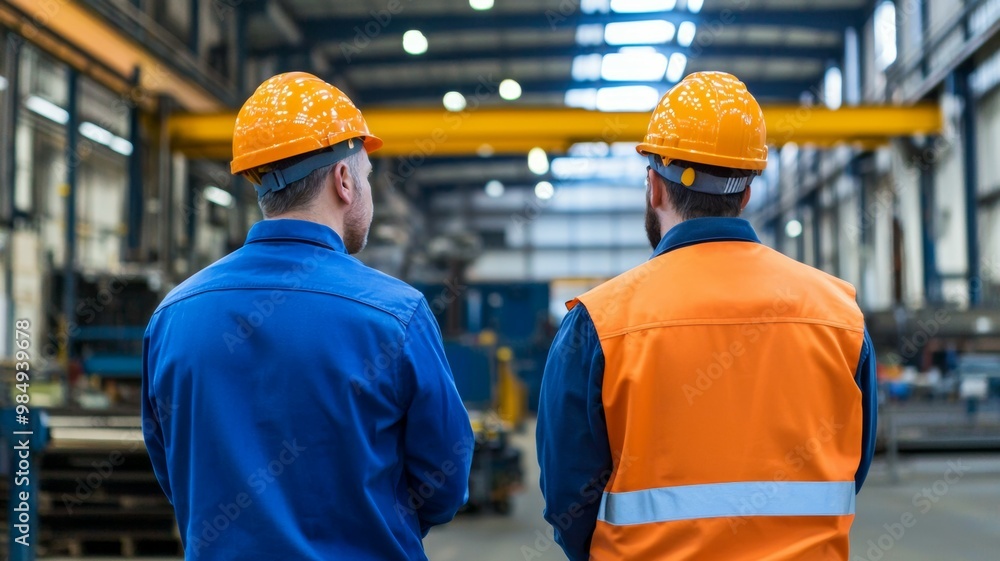 Two men wearing orange vests and hard hats stand in a large industrial building Two men wearing orange vests and hard hats stand in a large industrial building