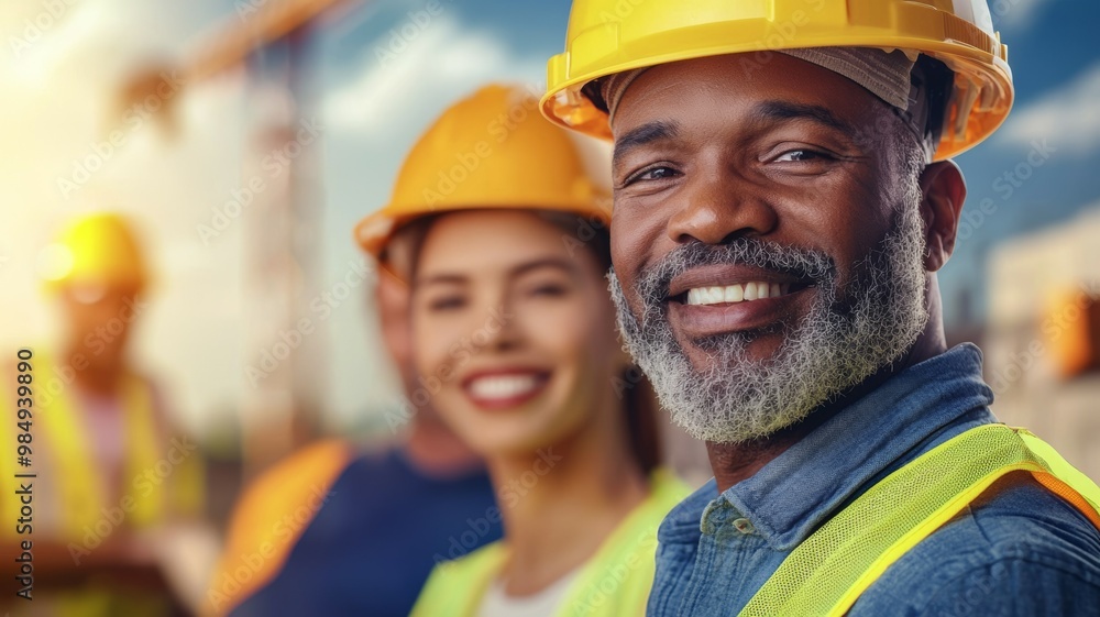 A man with a yellow hard hat and a woman with a smile are posing for a photo A man with a yellow hard hat and a woman with a smile are posing for a photo
