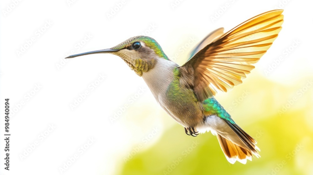 Fototapeta premium A Green and Brown Hummingbird in Flight with Spread Wings