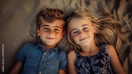 Photo of a happy boy and girl laying on the beach, looking at the camera. They have blond hair, freckles, and blue eyes. The background is dark sand on a summer day. Close-up view.