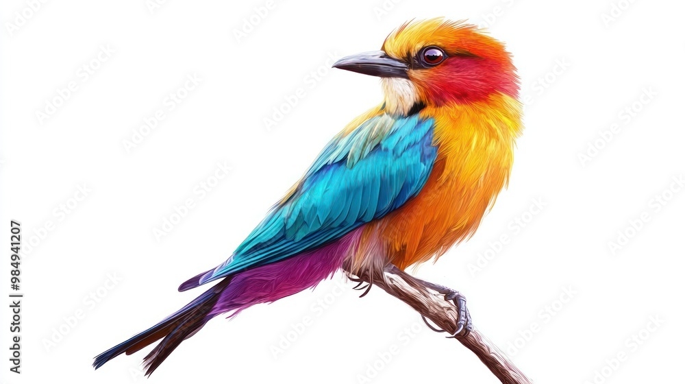Fototapeta premium Vibrant Yellow, Blue, and Red Bird Perched on a Branch