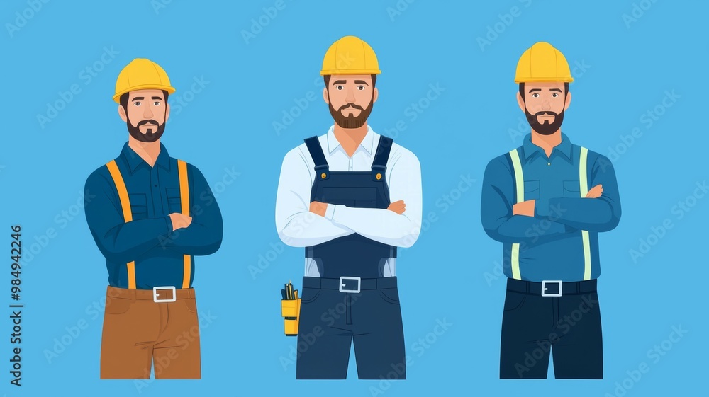Three men in construction gear are standing in front of a blue background Three men in construction gear are standing in front of a blue background