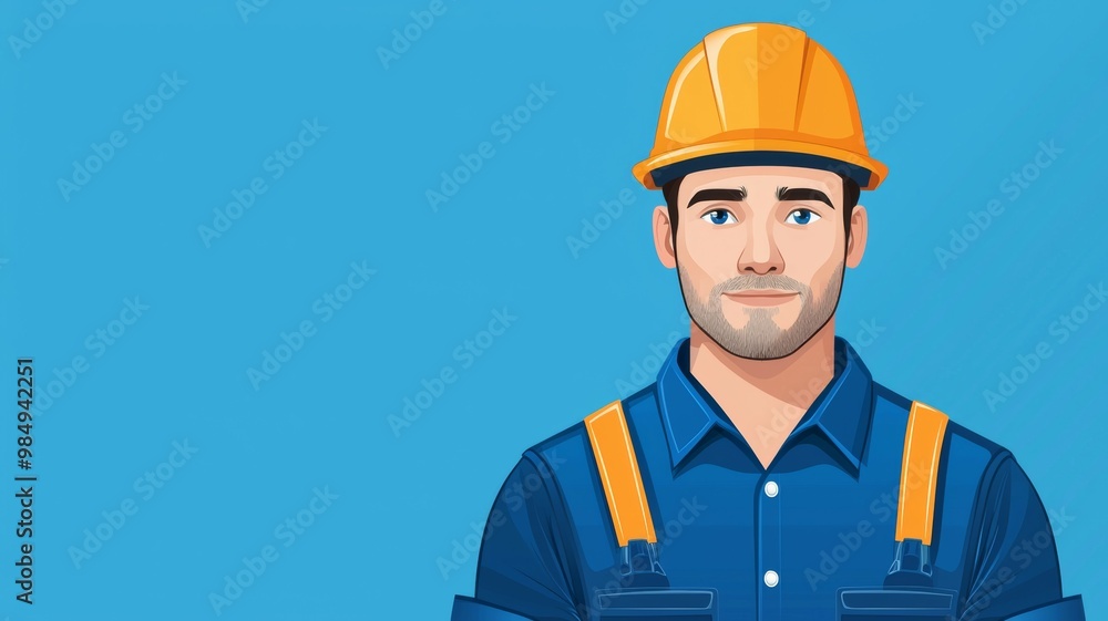 A man in a blue shirt and orange safety helmet A man in a blue shirt and orange safety helmet