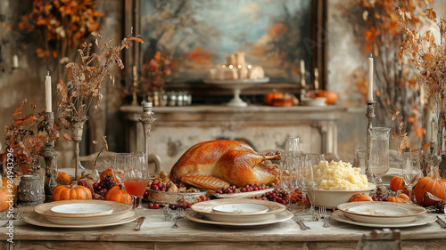 Luxurious table setting with traditional Thanksgiving dishes, roast turkey, mashed potatoes, cranberry sauce, pumpkin pie against autumn decorations in home, USA, holiday, celebration, seasonal food