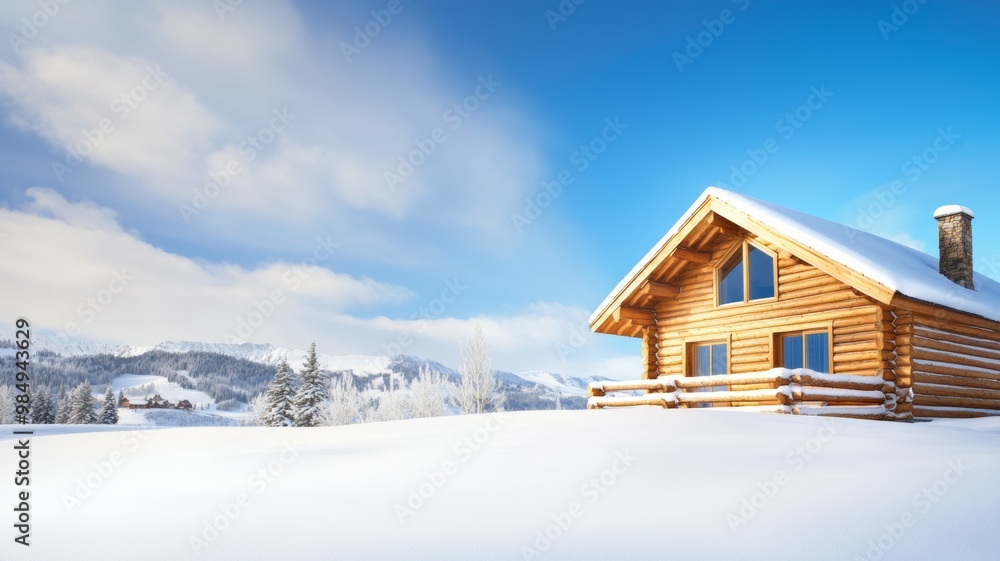 A log cabin sits in a snowy field with a blue sky in the background A log cabin sits in a snowy field with a blue sky in the background